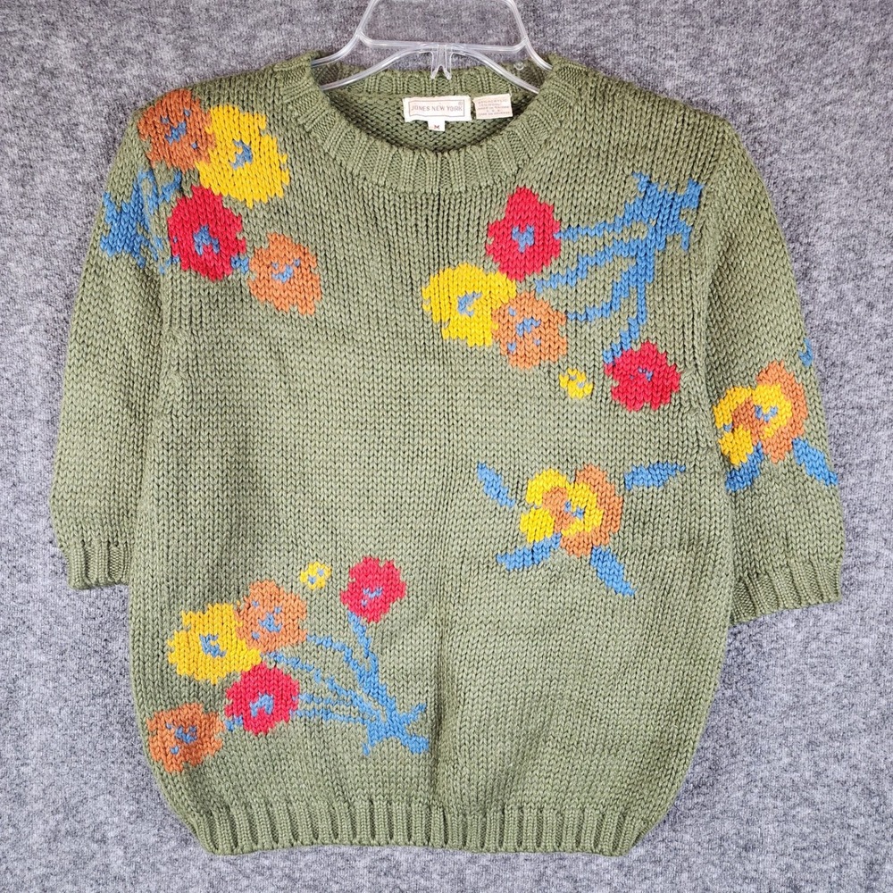 Jones New York Sweater Women M Green Floral Wool Blend Short Sleeve Vintage EUC
